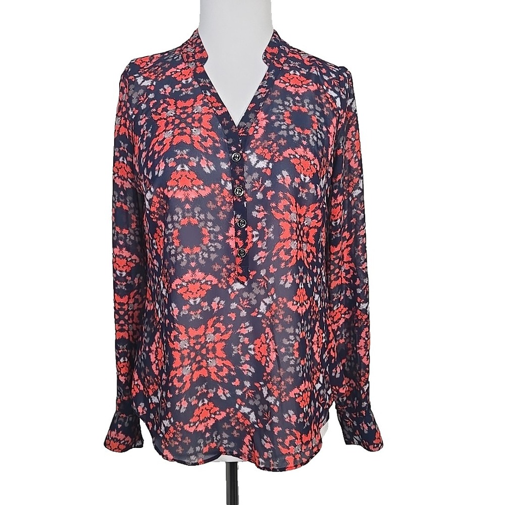 A.N.A. Navy Red Floral Chiffon Long Tab Sleeve‎ Blouse Shell Size Small S